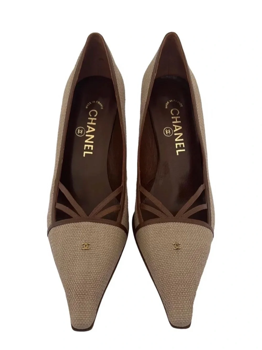 CHANEL Beige Pointed Toe Ballet Flats